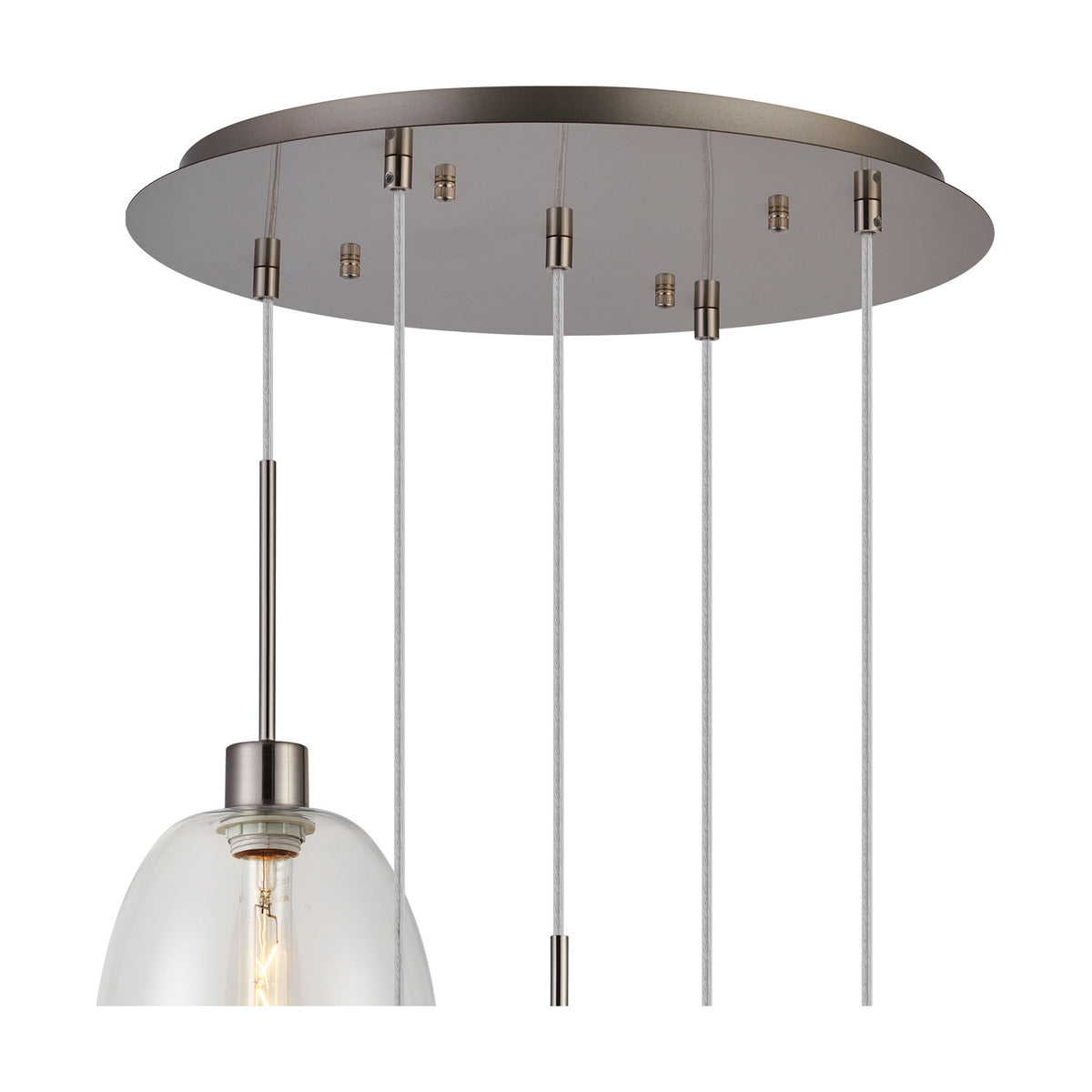 Close-up of the Lori 5 Light Trapezium Clear Pendant Light 45cm in satin nickel, showing the ceiling plate, cable drops, and a clear glass shade with visible bulb on a white background.