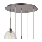 Close-up of the Lori 5 Light Trapezium Clear Pendant Light 45cm in satin nickel, showing the ceiling plate, cable drops, and a clear glass shade with visible bulb on a white background.