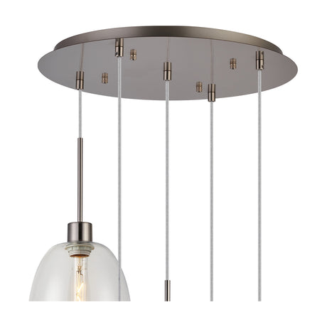 Close-up of the Lori 5 Light Trapezium Clear Pendant Light 45cm in satin nickel, showing the ceiling plate, cable drops, and a clear glass shade with visible bulb on a white background.