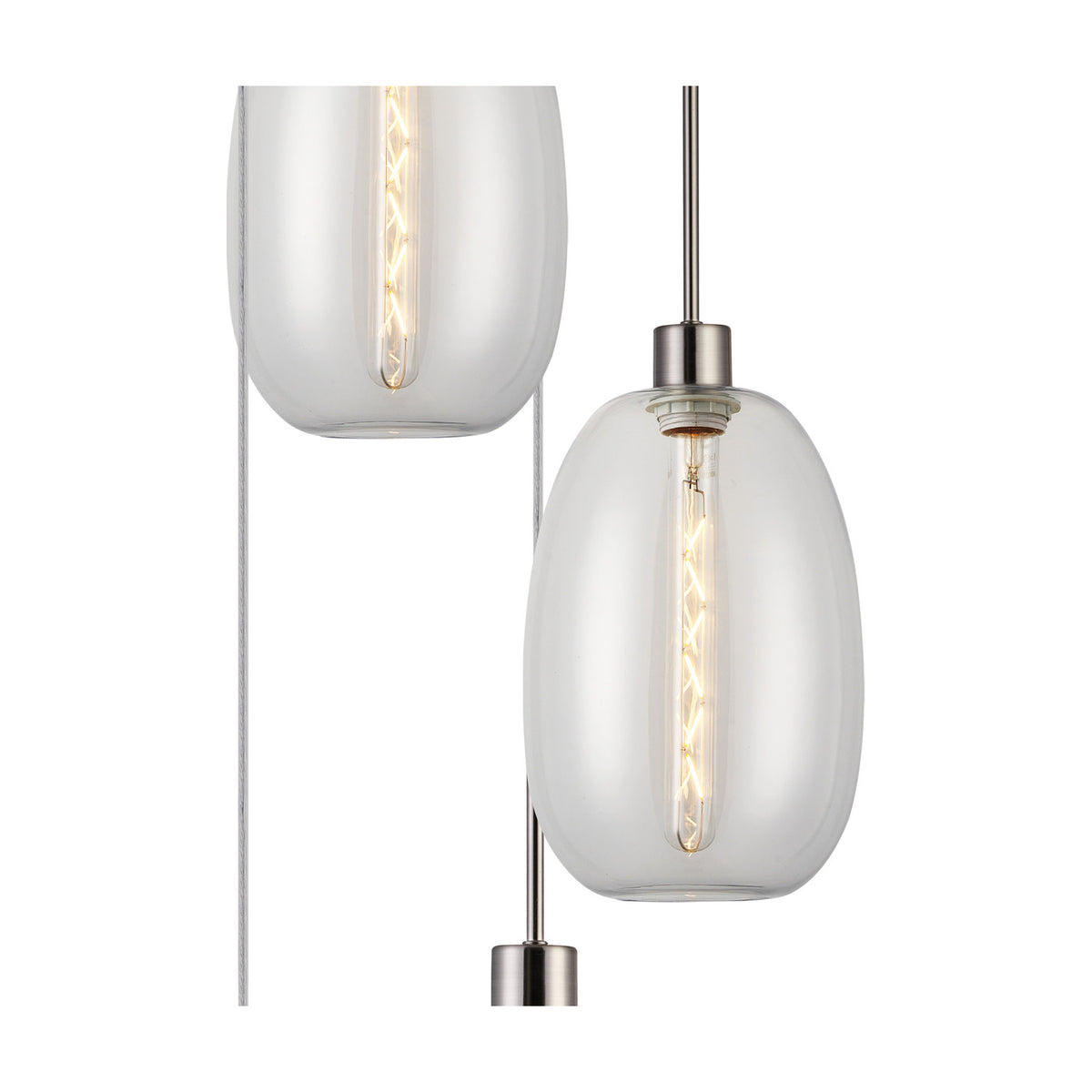 Close-up of the Lori 5 Light Trapezium Clear Pendant Light, showing clear tapered glass shades with exposed bulbs on satin nickel fittings against a white background.