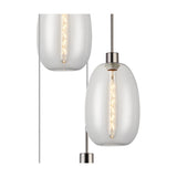 Close-up of the Lori 5 Light Trapezium Clear Pendant Light, showing clear tapered glass shades with exposed bulbs on satin nickel fittings against a white background.
