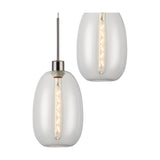 Lori pendant light close-up showing clear trapezium glass shades with satin nickel fittings and visible E27 bulb filaments, set against a white background.