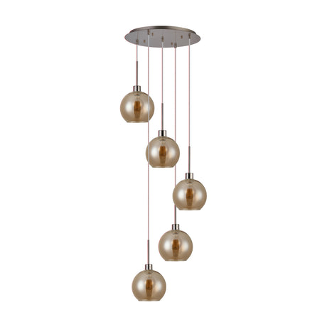 5 Light E27 Round Pendant Light 45cm Amber Glass - Satin Nickel