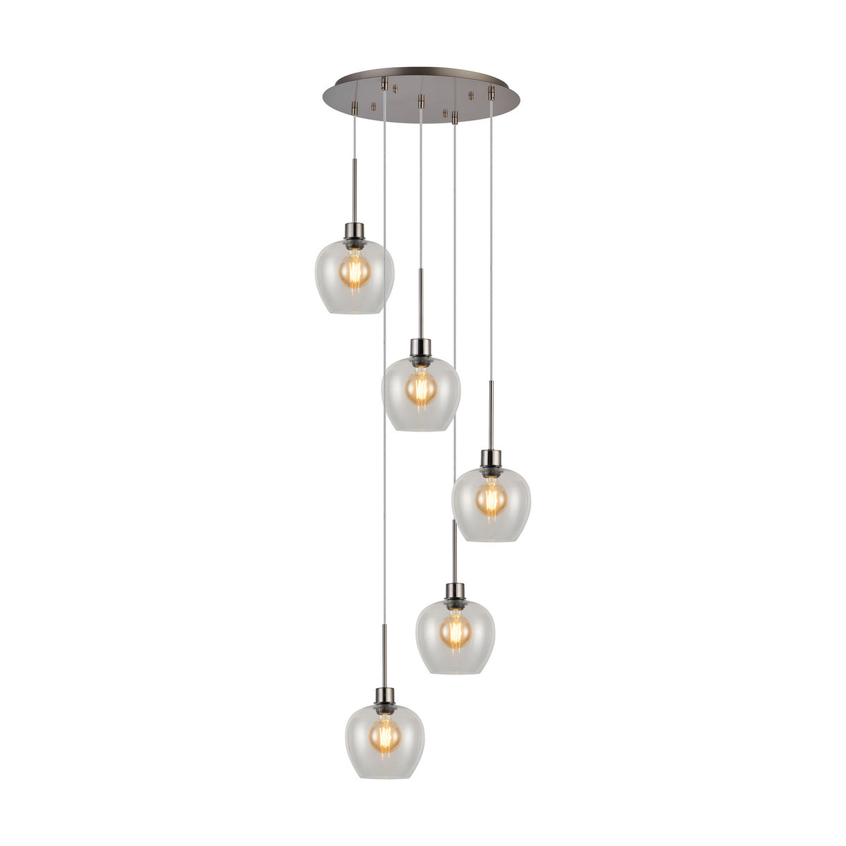 Lori 5 Light Clear Wine Glass Pendant Light 45cm in Satin Nickel, with staggered glass shades and visible bulbs on a round ceiling plate, shown on a white background.