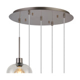 Lori 5 Light Clear Wine Glass Pendant Light 45cm in Satin Nickel, showing the round ceiling plate with five suspension cables and one glass shade with visible bulb, on a white background.
