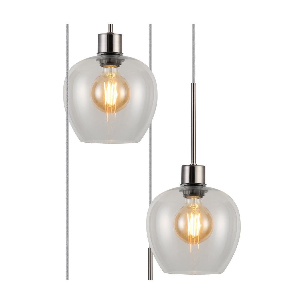 Lori pendant light detail showing two clear wine-glass shades with exposed globe bulbs on satin nickel fittings and cables, plain white background.