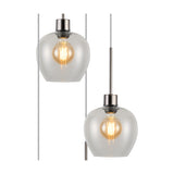 Lori pendant light detail showing two clear wine-glass shades with exposed globe bulbs on satin nickel fittings and cables, plain white background.