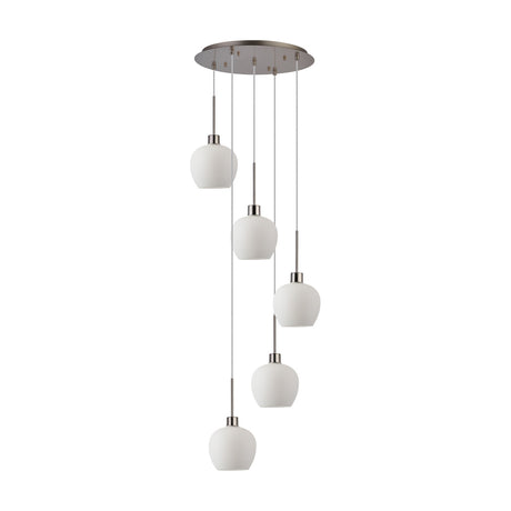 Lori 5 Light E27 Round Pendant Light 45cm Opal - Satin Nickel