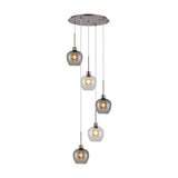 Lori 5 Light E27 Clear Pendant 45cm: five wine-shaped glass shades in clear and smoke tones cascade at staggered heights from a round satin nickel ceiling plate, shown on a plain white background.