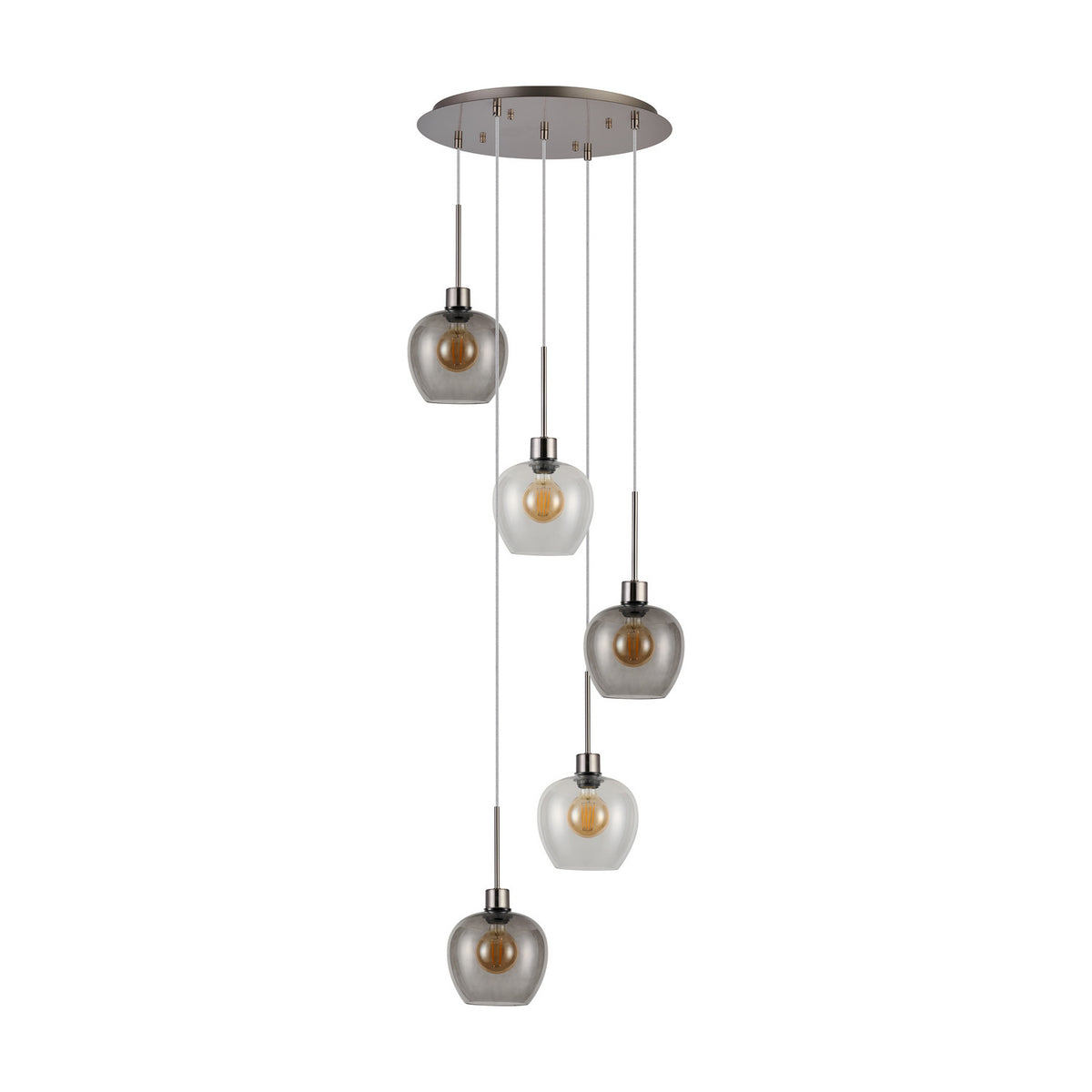 Lori 5 Light E27 pendant with round satin nickel ceiling plate and five tapered wine-shaped glass shades in clear and smoke, cascading at staggered drops on a white background.