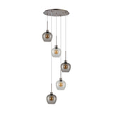 Lori 5 Light E27 pendant with round satin nickel ceiling plate and five tapered wine-shaped glass shades in clear and smoke, cascading at staggered drops on a white background.