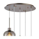 Lori 5 Light E27 Pendant 45cm ceiling rose in satin nickel, showing five cable drops with connectors and one smoke glass wine-shaped shade with Edison bulb, on a white background.