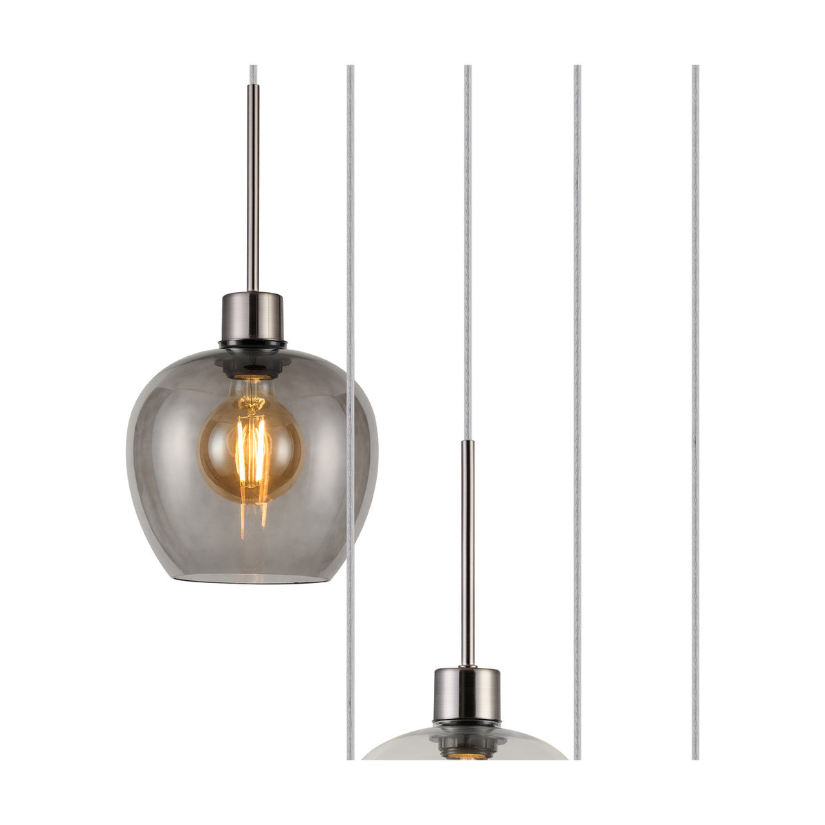 Lori pendant light with smoke-tinted glass shade and satin nickel fitting, showing an E27 filament bulb, alongside cable drops on a plain white background.