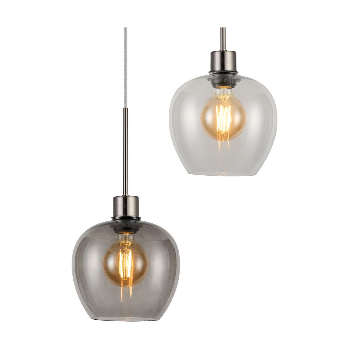 Lori pendant light with clear and smoke-tinted wine-shaped glass shades, satin nickel fittings, E27 filament bulbs, shown individually on a white background.