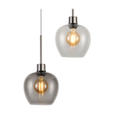 Lori pendant light with clear and smoke-tinted wine-shaped glass shades, satin nickel fittings, E27 filament bulbs, shown individually on a white background.