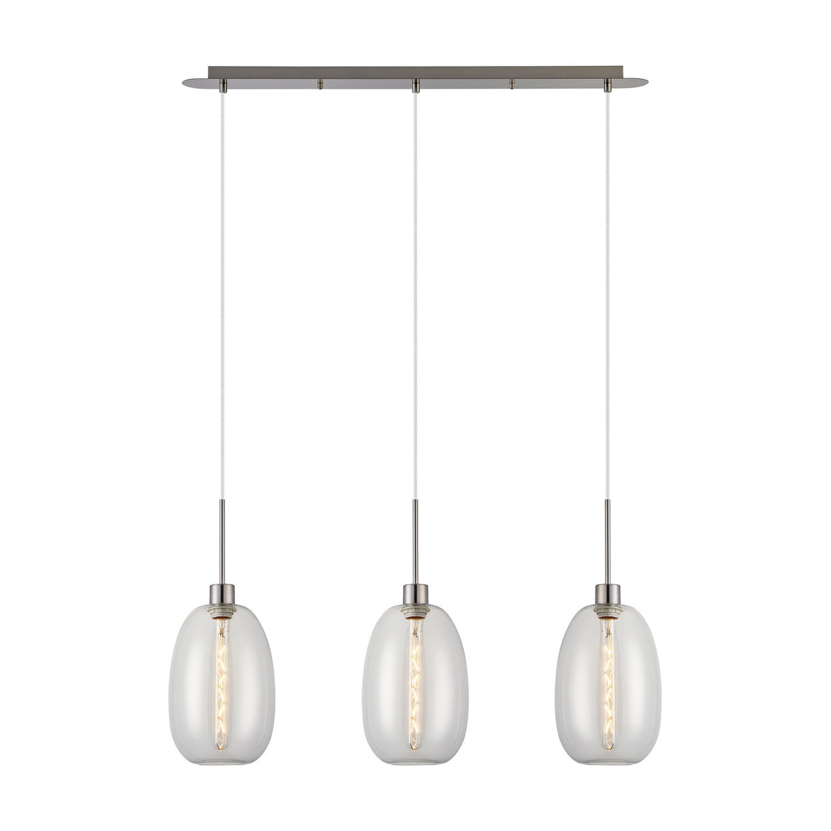 Lori 3 Light Trapezium Clear Pendant Light with satin nickel bar and rods, three curved glass shades on cables, shown on a plain white background.