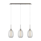 Lori 3 Light Trapezium Clear Pendant Light with satin nickel bar and rods, three curved glass shades on cables, shown on a plain white background.