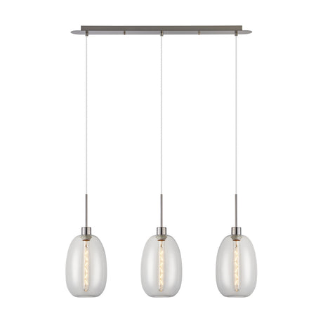 Lori 3 Light Trapezium Clear Pendant Light with satin nickel bar and rods, three curved glass shades on cables, shown on a plain white background.