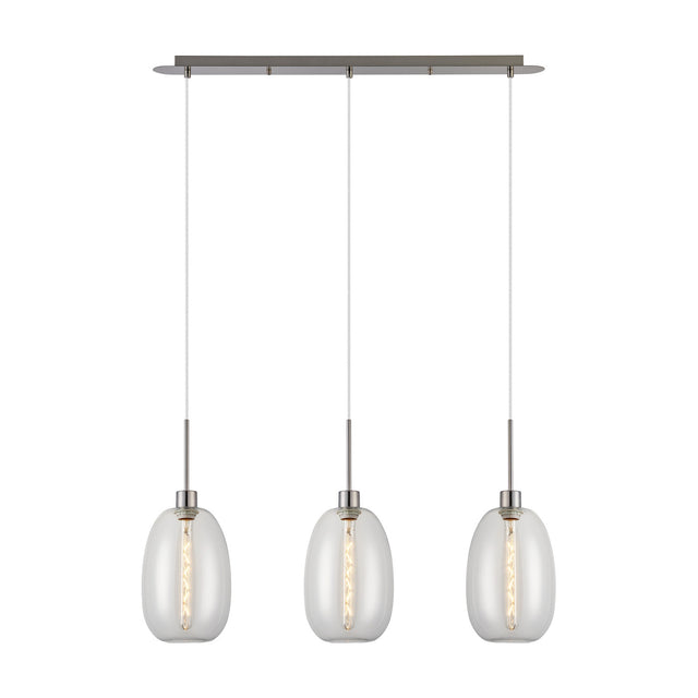 Lori 3 Light Trapezium Clear Pendant Light with satin nickel bar and rods, three curved glass shades on cables, shown on a plain white background.