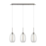 Lori 3 Light Trapezium Clear Pendant Light 80mm in Satin Nickel, showing three tapered clear glass shades hung from a linear bar on a plain white background.