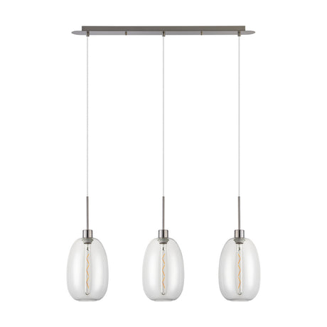 Lori 3 Light Trapezium Clear Pendant Light 80mm in Satin Nickel, showing three tapered clear glass shades hung from a linear bar on a plain white background.