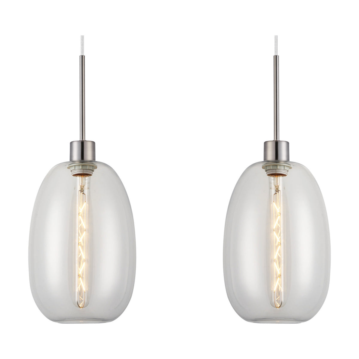 Lori pendant light with two clear curved glass trapezium shades on satin nickel cords and cap, visible filament bulbs, shown on a plain white background.