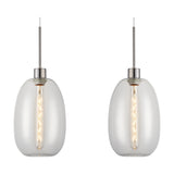 Lori pendant light with two clear curved glass trapezium shades on satin nickel cords and cap, visible filament bulbs, shown on a plain white background.