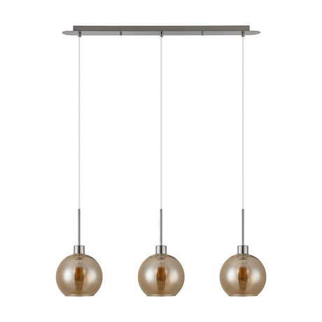 3 Light Linear Pendant Light 85cm Drop Amber Glass - Satin Nickel