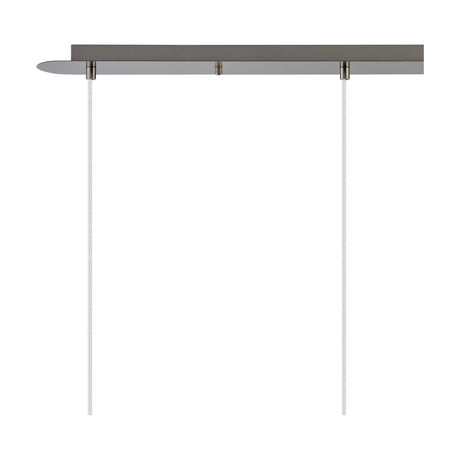 3 Light Linear Pendant Light with satin nickel ceiling bar, 85cm drop, shown without shades on plain white background, oval canopy and two visible suspension cables.