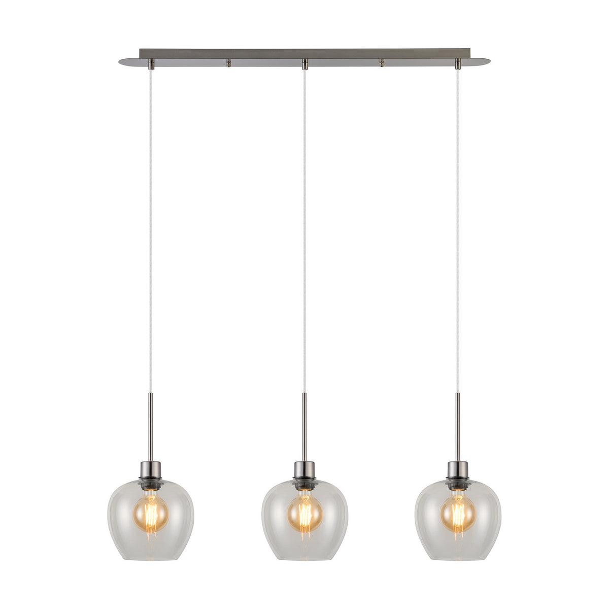Lori 3 Light Clear Wine Glass Pendant Light in satin nickel, three rounded clear glass shades on a slim linear bar, shown with visible E27 bulbs on a white background.