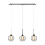Lori 3 Light Clear Wine Glass Pendant Light in satin nickel, three rounded clear glass shades on a slim linear bar, shown with visible E27 bulbs on a white background.
