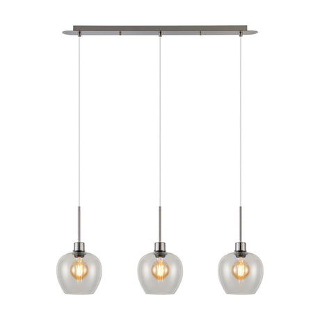 Lori 3 Light Clear Wine Glass Pendant Light in satin nickel, three rounded clear glass shades on a slim linear bar, shown with visible E27 bulbs on a white background.