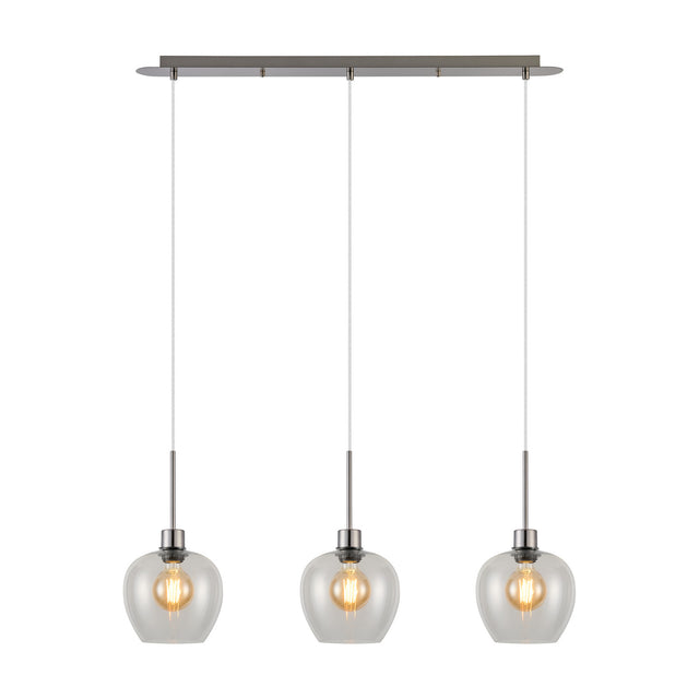 Lori 3 Light Clear Wine Glass Pendant Light in satin nickel, three rounded clear glass shades on a slim linear bar, shown with visible E27 bulbs on a white background.