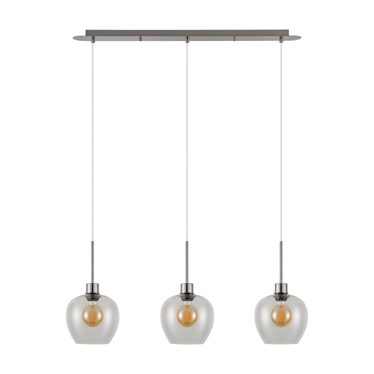 Lori 3 Light Clear Wine Glass Pendant Light with satin nickel bar and rods, three clear glass shades revealing amber-tone bulbs, shown on a white background.