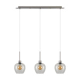Lori 3 Light Clear Wine Glass Pendant Light with satin nickel bar and rods, three clear glass shades revealing amber-tone bulbs, shown on a white background.
