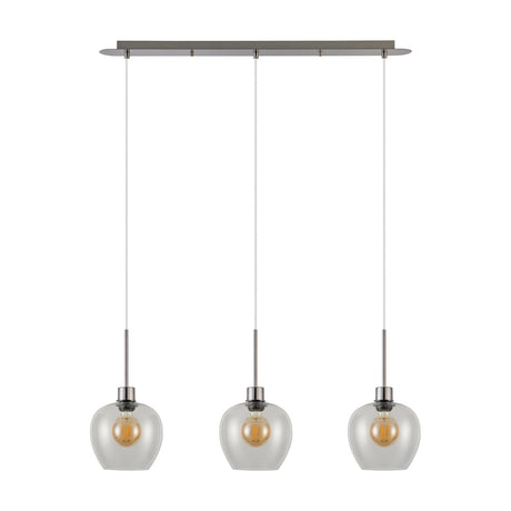 Lori 3 Light Clear Wine Glass Pendant Light with satin nickel bar and rods, three clear glass shades revealing amber-tone bulbs, shown on a white background.