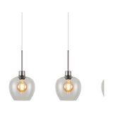 Lori 3 Light Clear Wine Glass Pendant Light 80mm in satin nickel, showing two glass shades with visible E27 bulbs on slim cords against a white background.