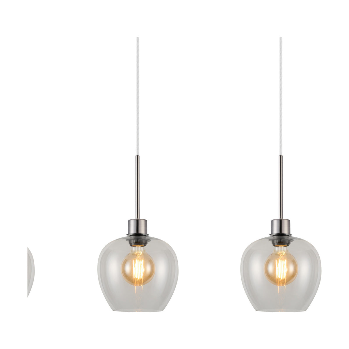 Lori pendant light shown with two clear wine-glass shaped glass shades on satin nickel rods with visible E27 filament bulbs, on a plain white background.
