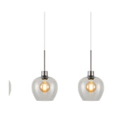 Lori pendant light shown with two clear wine-glass shaped glass shades on satin nickel rods with visible E27 filament bulbs, on a plain white background.