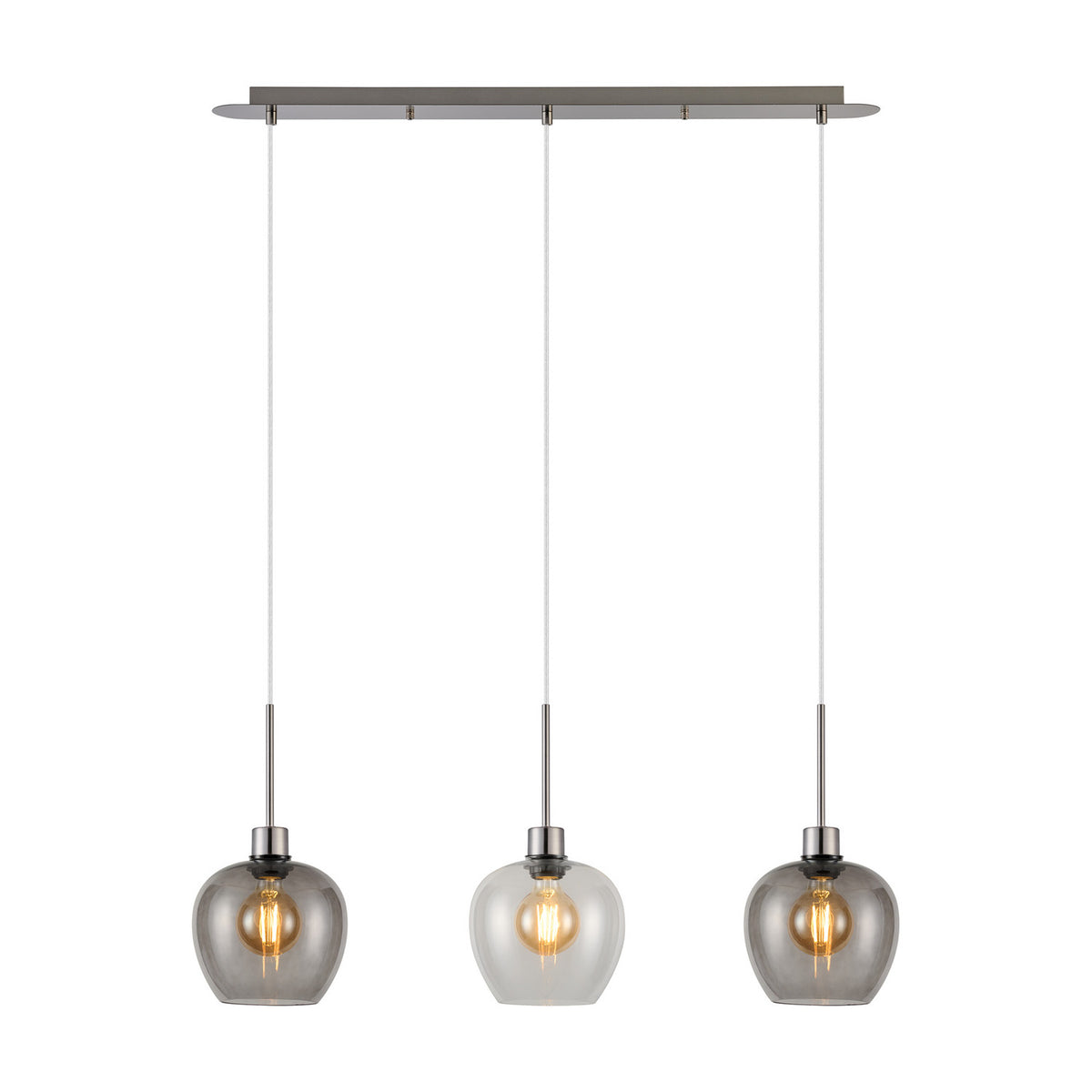 Lori 3 Light Pendant Light with clear and smoke wine-shaped glass shades on a satin nickel linear bar, shown on a plain white background.
