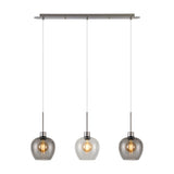 Lori 3 Light Pendant Light with clear and smoke wine-shaped glass shades on a satin nickel linear bar, shown on a plain white background.