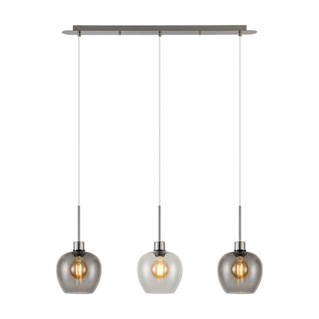 Lori 3 Light Pendant Light with clear and smoke wine-shaped glass shades on a satin nickel linear bar, shown on a plain white background.