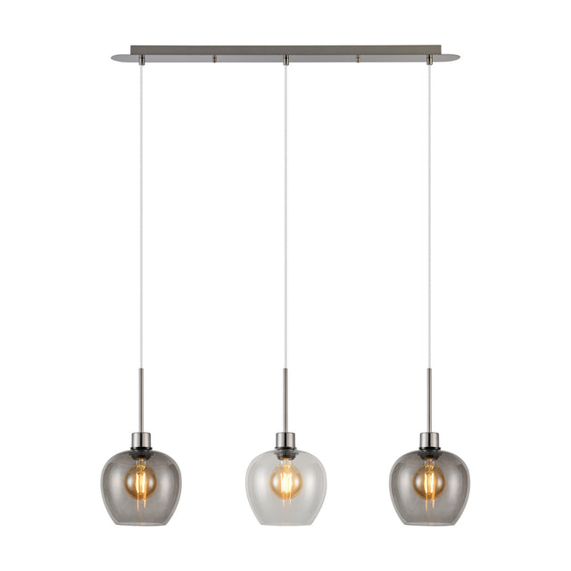 Lori 3 Light Pendant Light with clear and smoke wine-shaped glass shades on a satin nickel linear bar, shown on a plain white background.