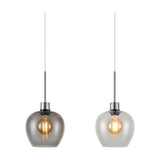 Lori pendant lights in satin nickel with wine-shaped clear and smoke glass shades, each fitted with an E27 bulb, shown against a plain white background.