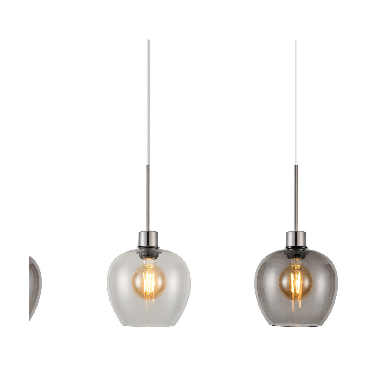 Lori 3 Light Pendant Light, satin nickel bar with wine-shaped clear and smoke glass shades, each fitted with an E27 bulb, shown on a plain white background.