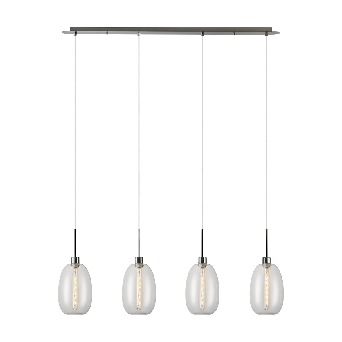 Lori 4 Light Trapezium Clear Pendant Light with satin nickel bar and cords, four tapered clear glass shades in a row, shown on a plain white background.