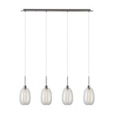 Lori 4 Light Trapezium Clear Pendant Light with satin nickel bar and cords, four tapered clear glass shades in a row, shown on a plain white background.
