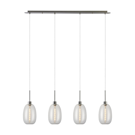 Lori 4 Light Trapezium Clear Pendant Light with satin nickel bar and cords, four tapered clear glass shades in a row, shown on a plain white background.