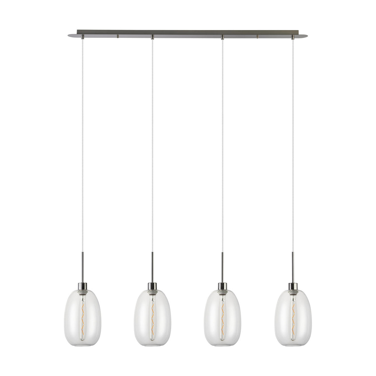Lori 4 Light Trapezium Clear Pendant Light in satin nickel, four slim curved glass shades on a linear bar with adjustable cords, shown on a plain white background.