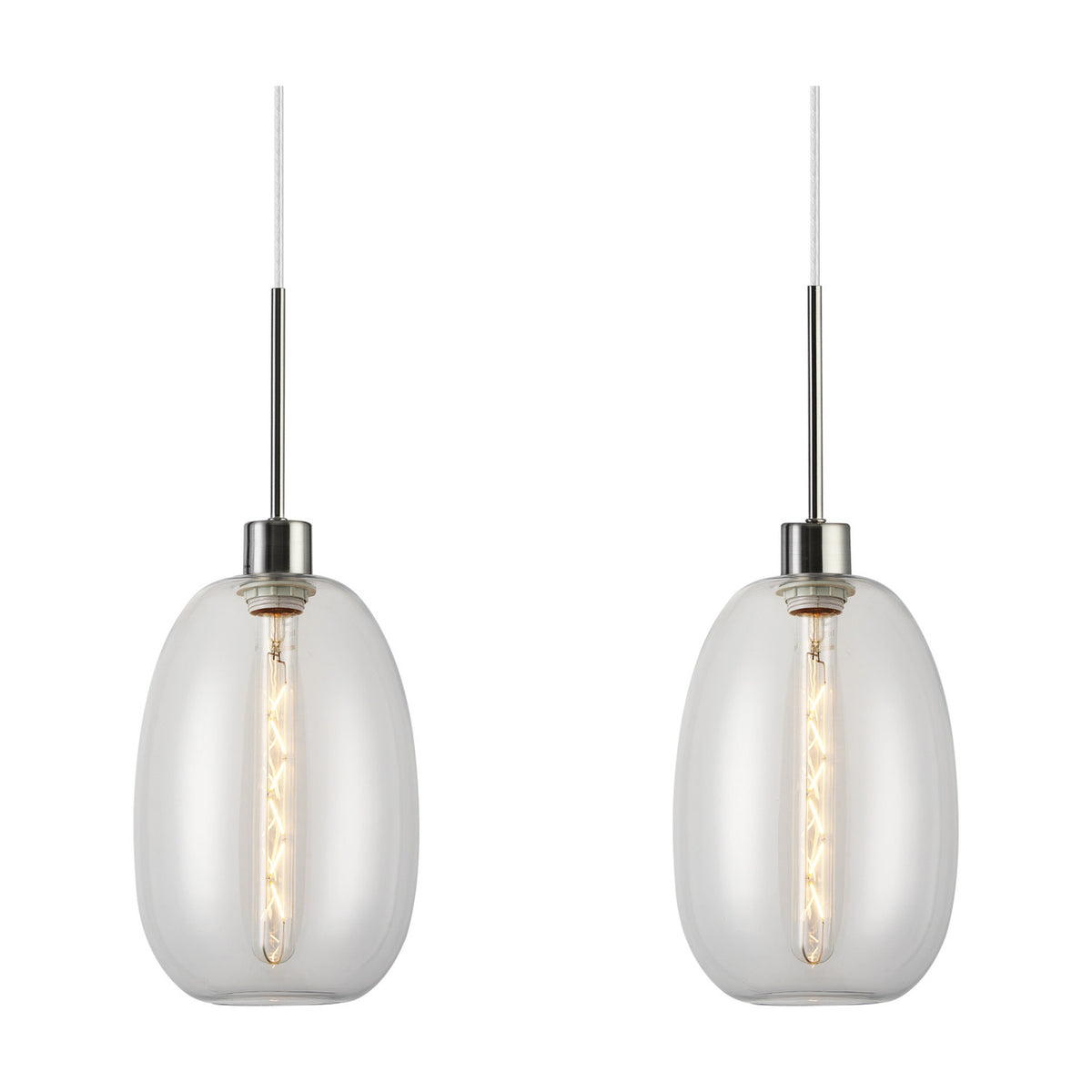 Lori pendant light with two clear trapezium glass shades on satin nickel rods, each fitted with a visible bulb, shown on a plain white background.